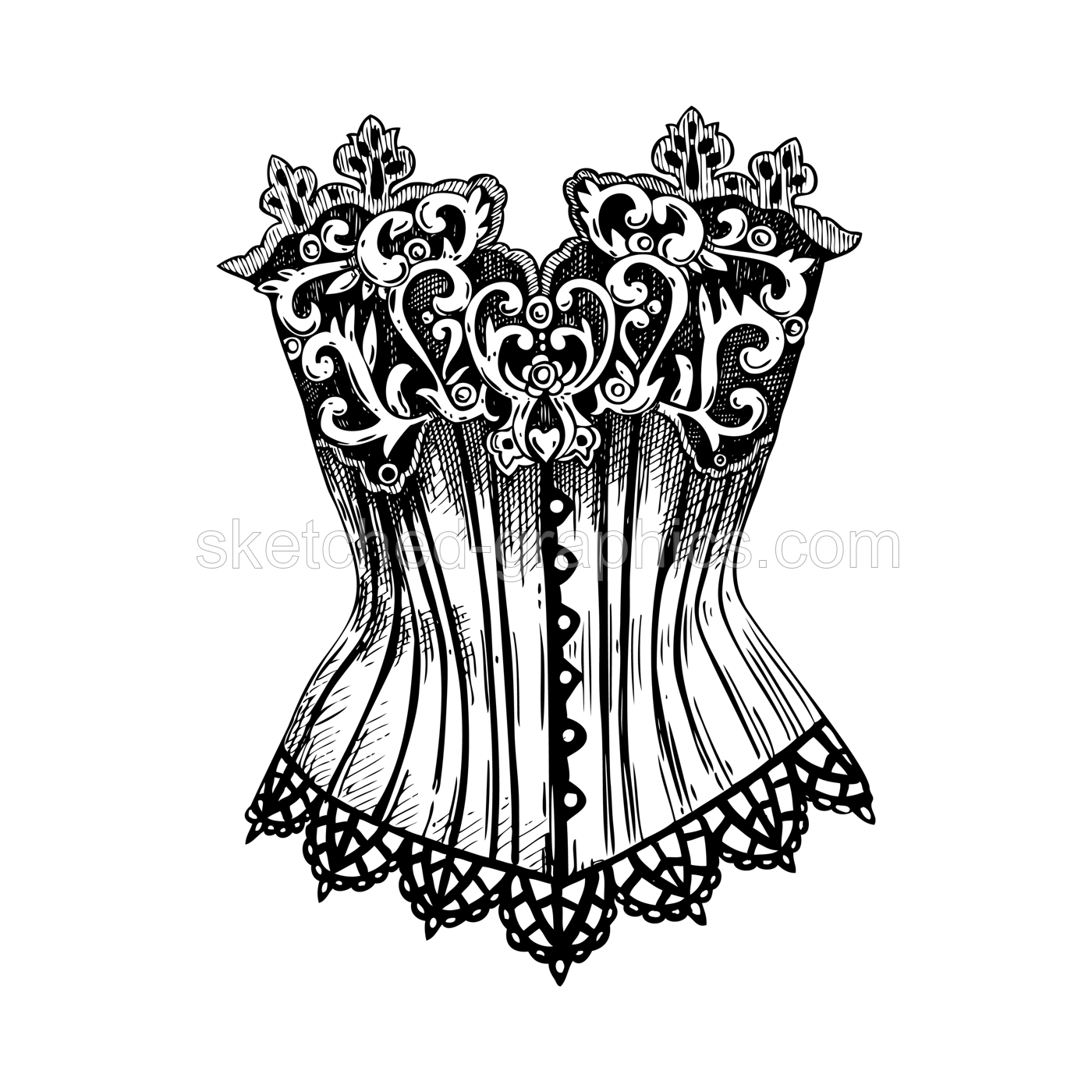 Vintage corset top vector sketch. Romantic gothic fashion illustration. Halloween, dark academia clothes. Hand drawn historical costume design. NOT AI generated Illustration